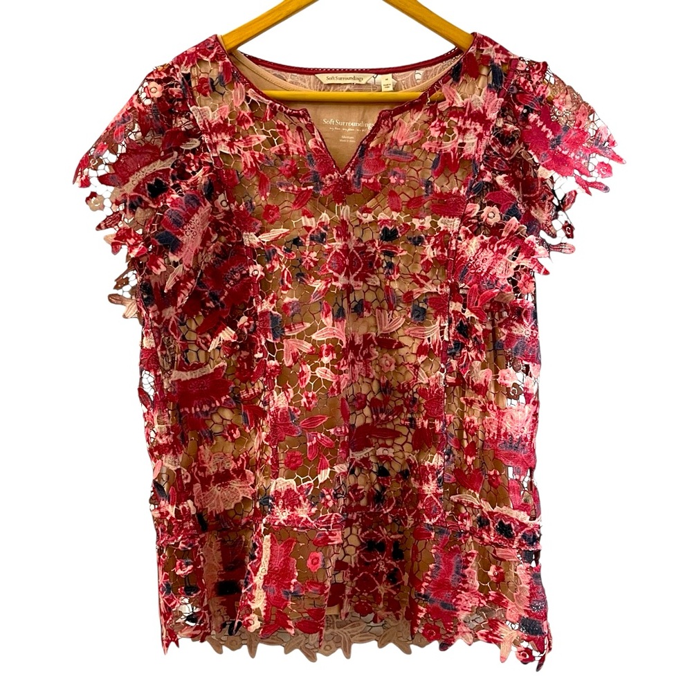 NWT Soft Surroundings Sz M Bougainvillea Textile Floral Blouse Top w/ Nude Tank